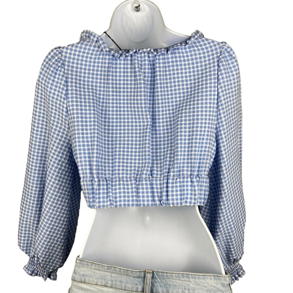 NWT ZARA Blue White Gingham Coquette Long Puff Sleeves Crop Top NWT XS